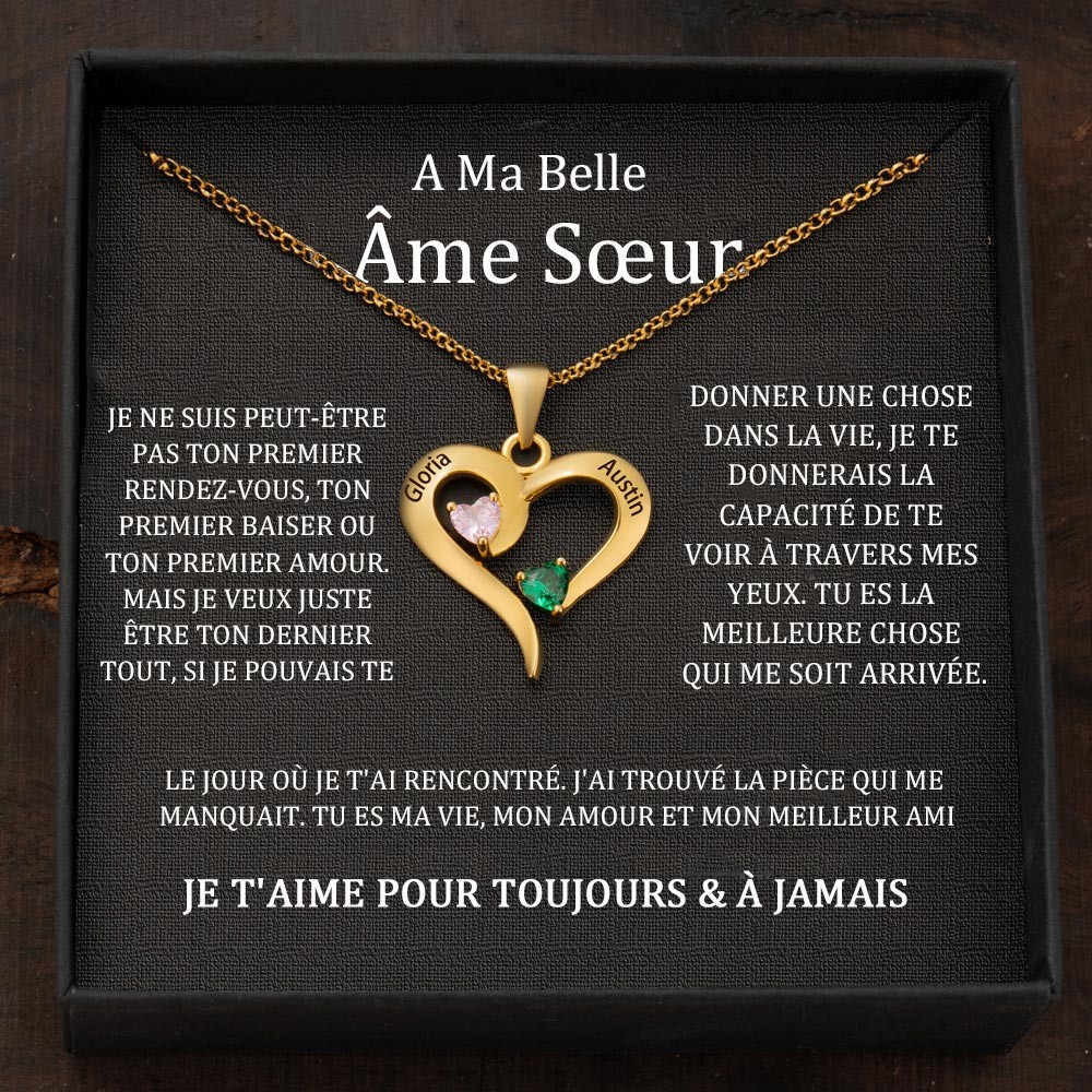 Collier prénom personnalisé en forme de coeur avec pierres de naissance pour couple