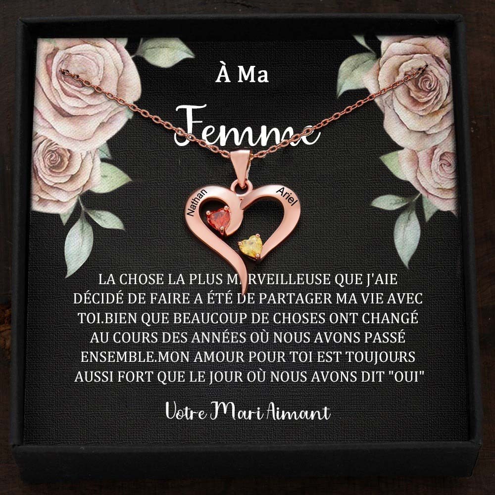 Collier personnalisé avec noms de couple en forme de cœur et pierres de naissance, cadeaux de Saint-Valentin
