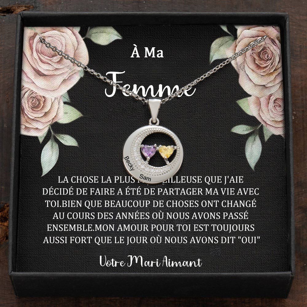 Collier personnalisé avec nom de couple rond avec pierres de naissance pour cadeau