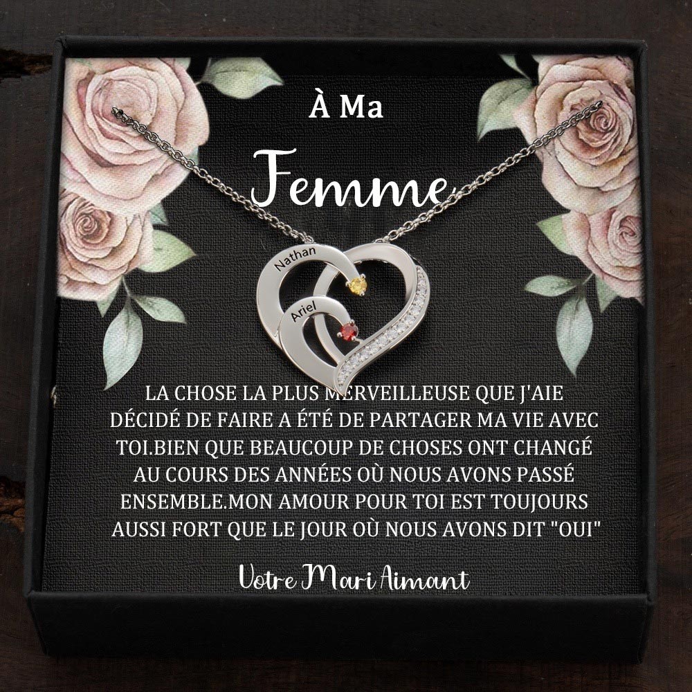 Collier personnalisé avec noms de couple en forme de cœur et pierres de naissance, cadeaux de Saint-Valentin