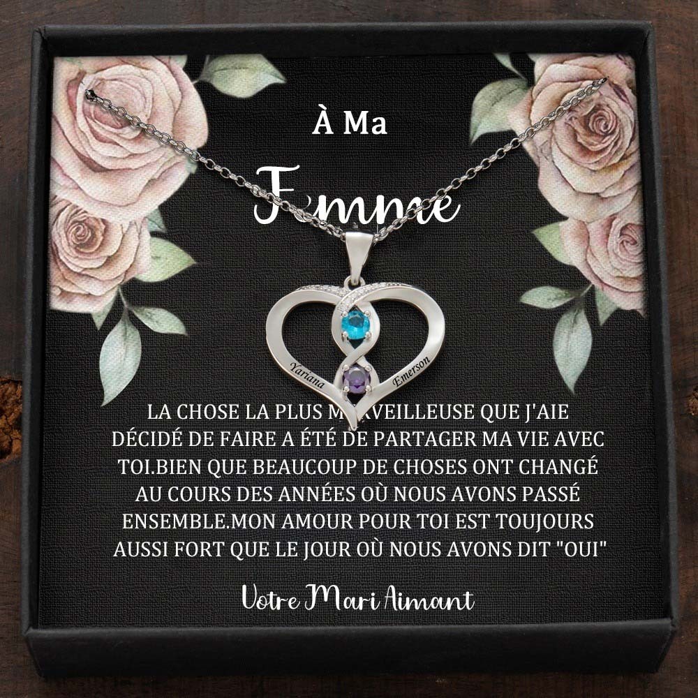 Collier personnalisé avec noms de couple en forme de cœur et pierres de naissance, cadeaux de Saint-Valentin