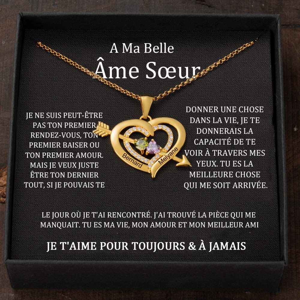 Collier personnalisé avec nom de cœur et flèche avec pierres de naissance pour couple