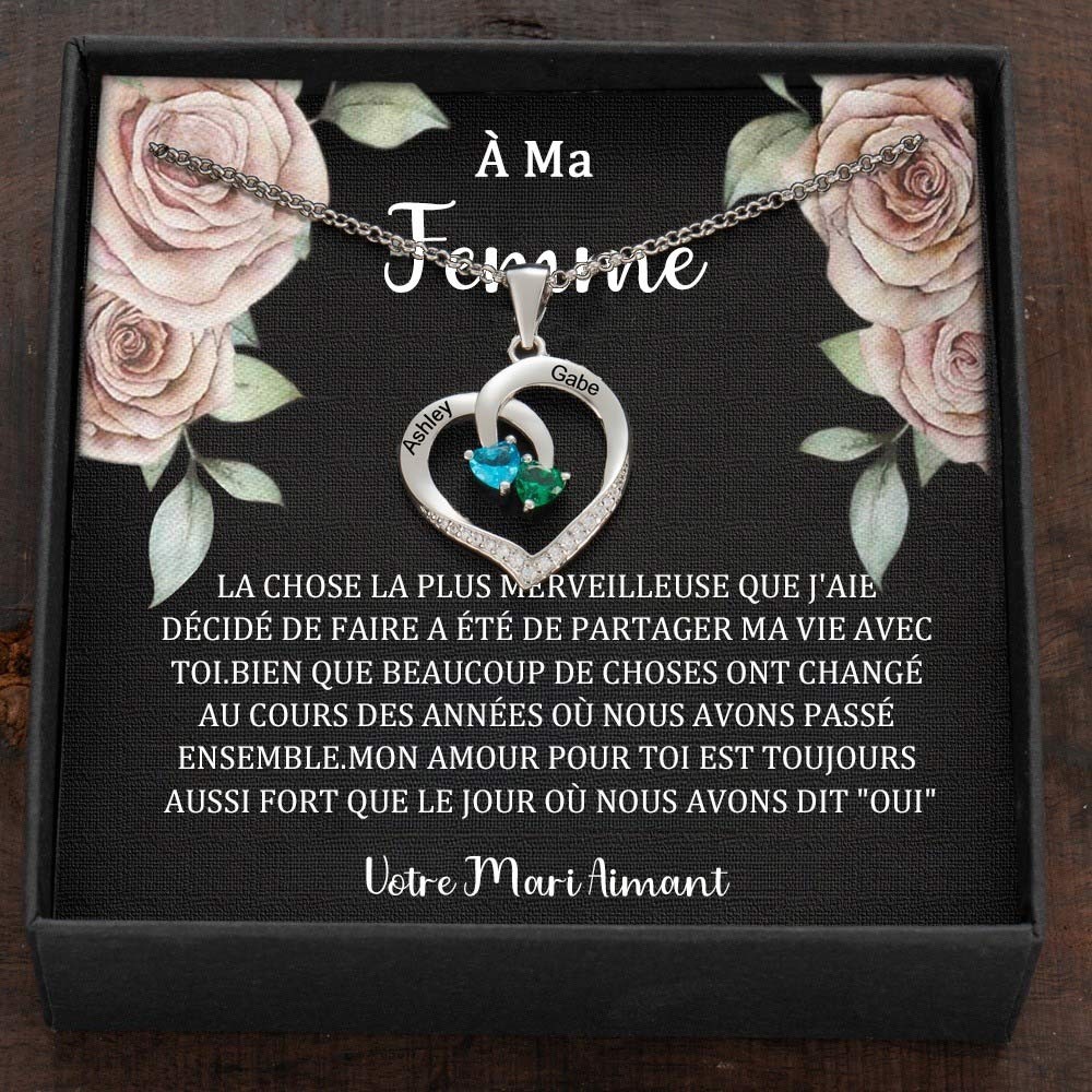 Collier personnalisé avec noms de couple en forme de cœur et pierres de naissance, cadeaux de Saint-Valentin