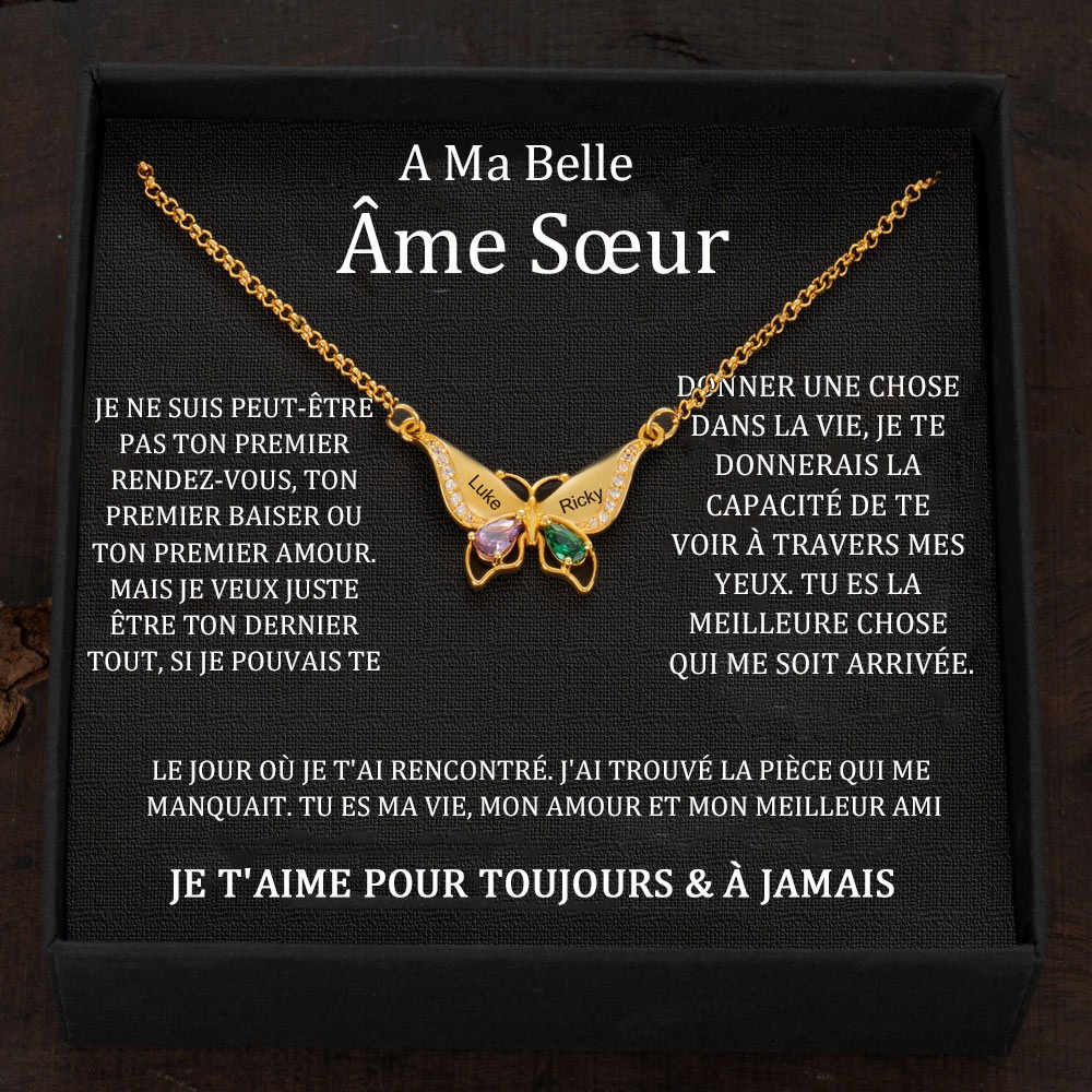 Collier personnalisé avec noms de papillons et cœurs et pierres de naissance, cadeaux de Saint-Valentin