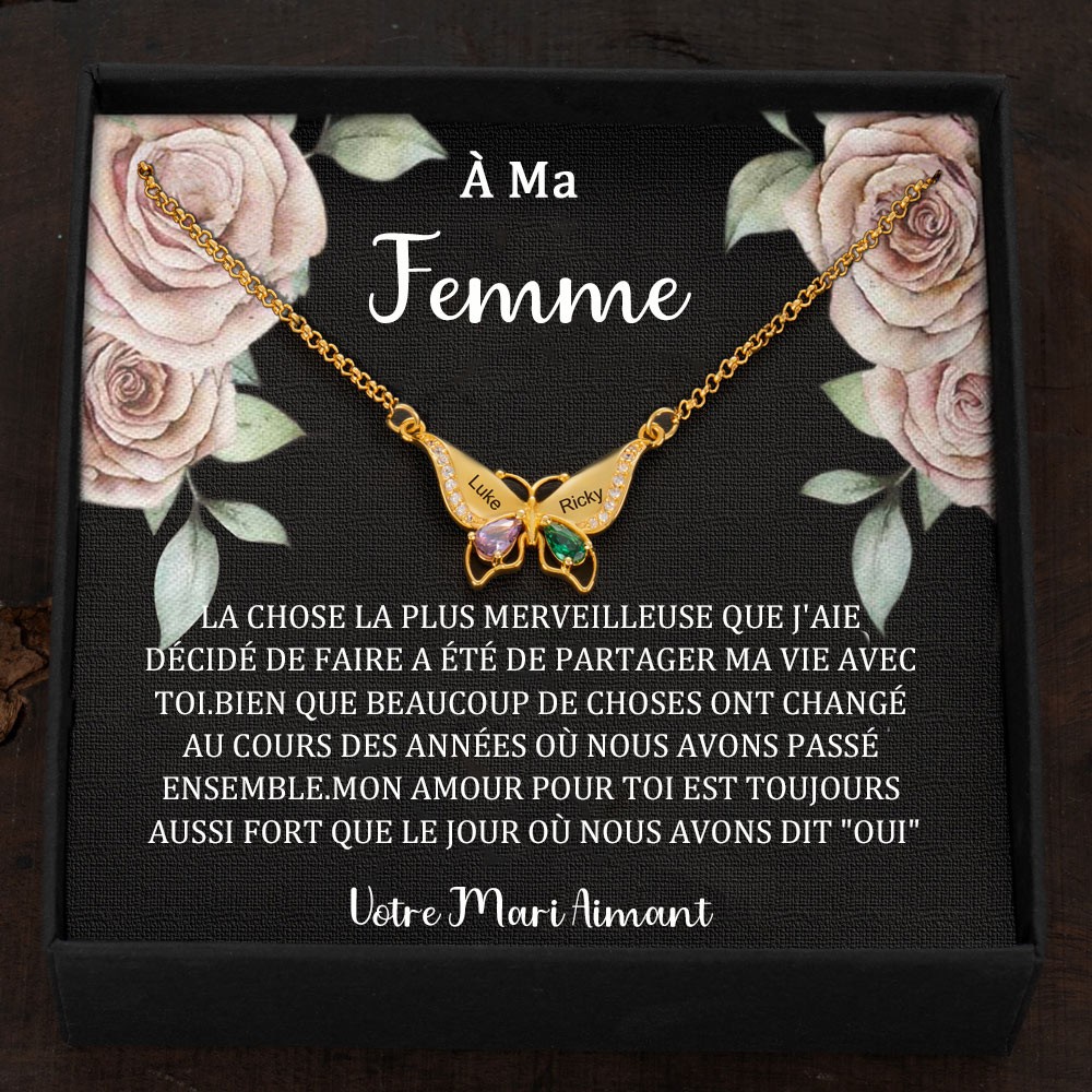 Collier Prénom Papillon Personnalisé avec Pierres de Naissance Pour Couple