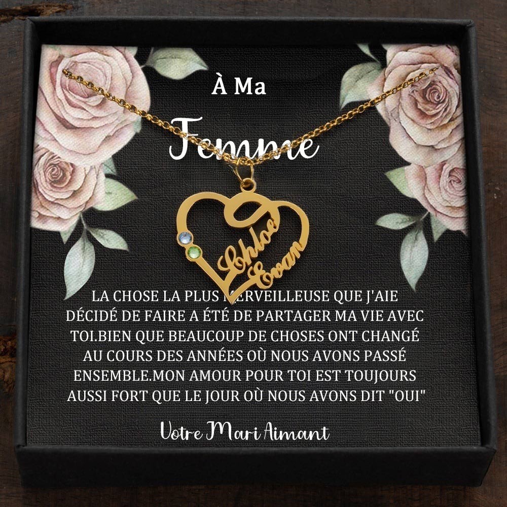 Collier en cœur avec noms de couple personnalisés et pierres de naissance, cadeaux de Saint-Valentin