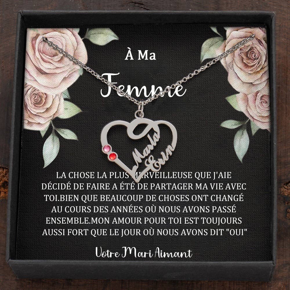 Collier personnalisé avec noms de couple en forme de cœur et pierres de naissance, cadeaux de Saint-Valentin