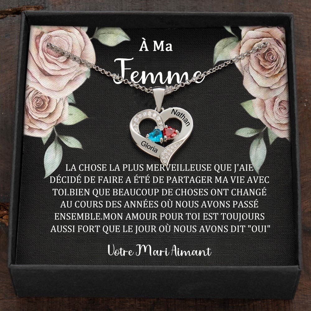 Collier personnalisé avec noms de couple en forme de cœur et pierres de naissance, cadeaux de Saint-Valentin