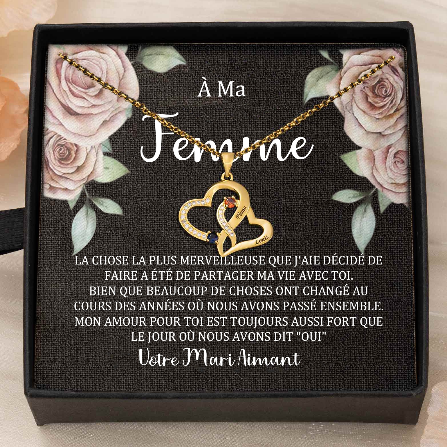 Collier coeur personnalisé de noms de couple avec pierres de naissance Cadeaux de la Saint-Valentin