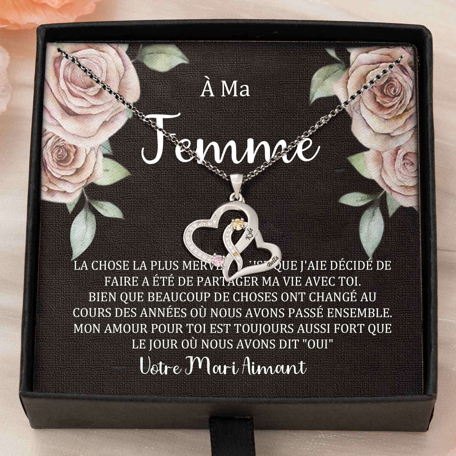 Collier coeur personnalisé de noms de couple avec pierres de naissance Cadeaux de la Saint-Valentin