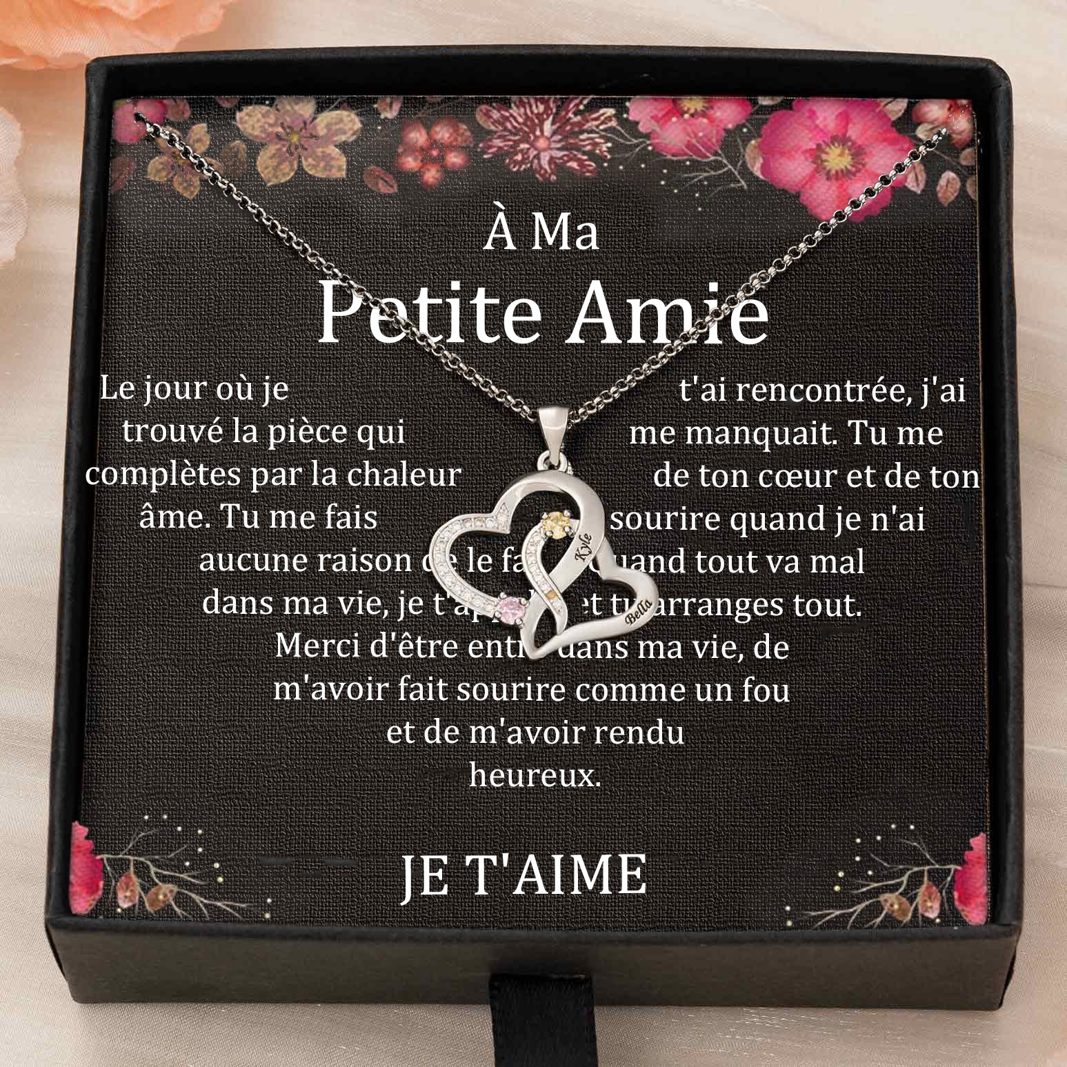 Collier personnalisé avec prénom de couple double cœur avec pierres de naissance pour anniversaire