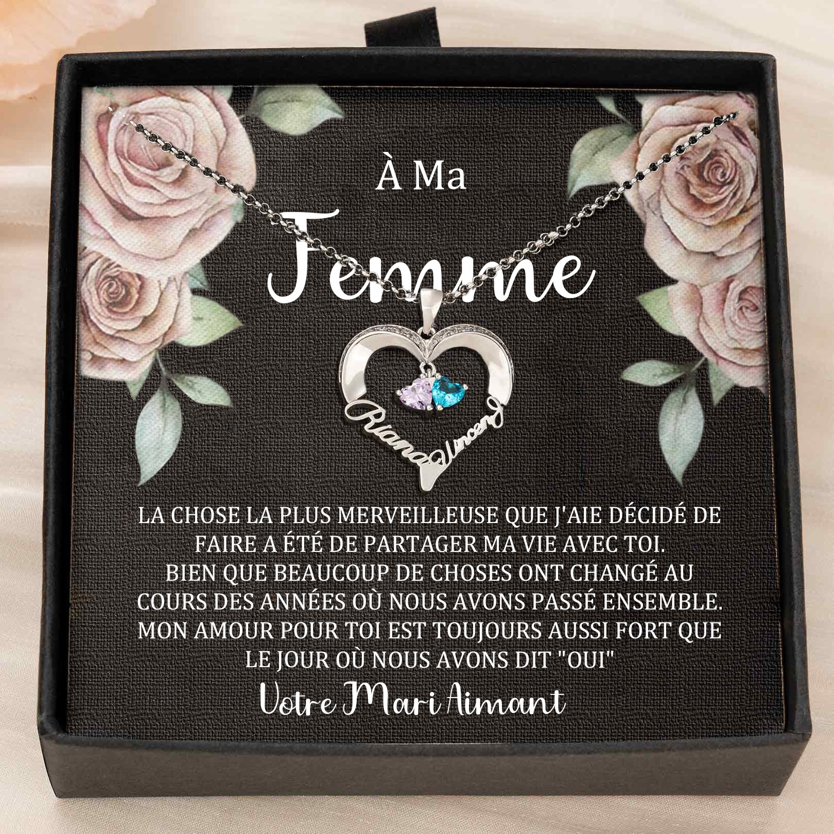 Collier coeur personnalisé de noms de couple avec pierres de naissance Cadeaux de la Saint-Valentin