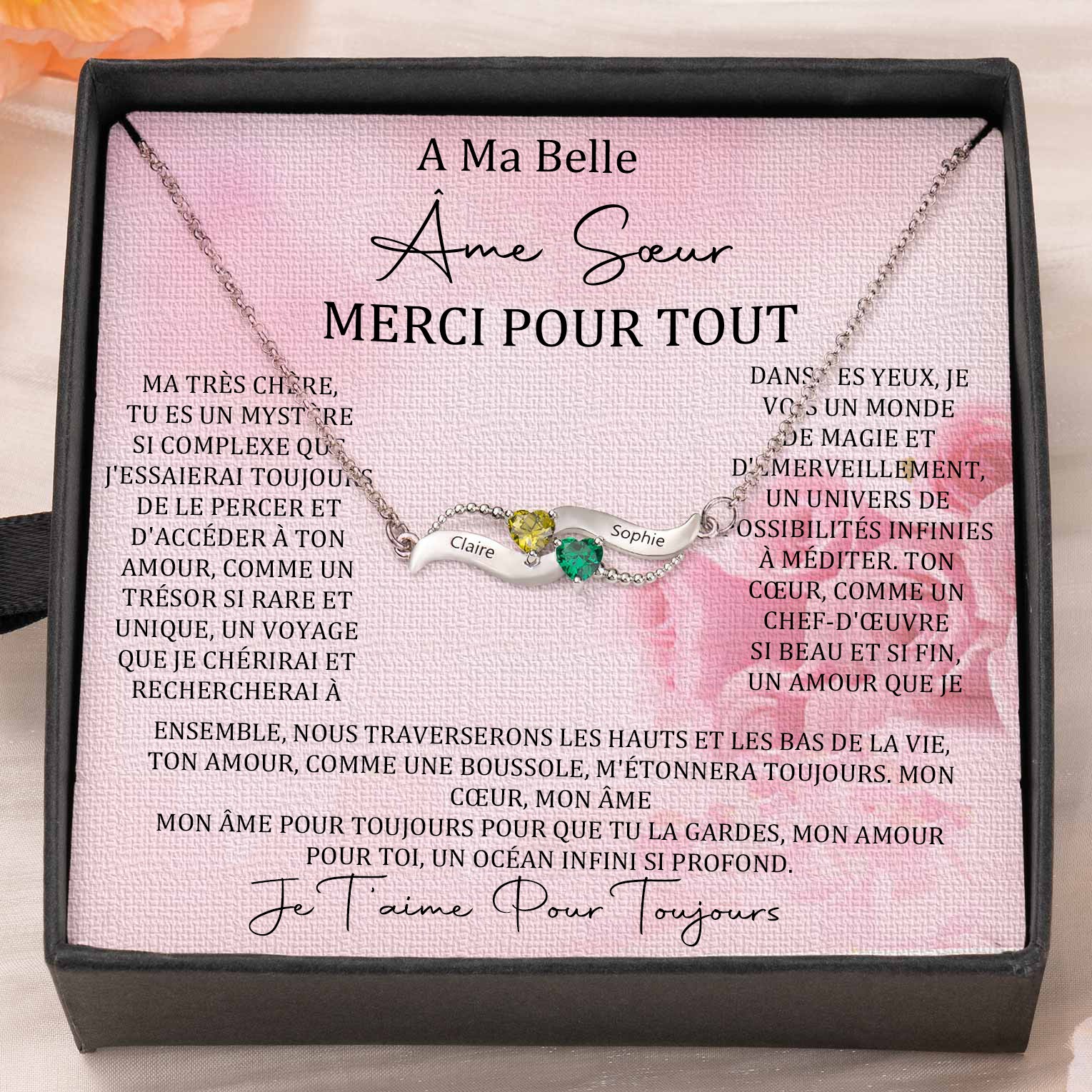 Collier de couple personnalisé avec noms et pierres de naissance pour cadeaux