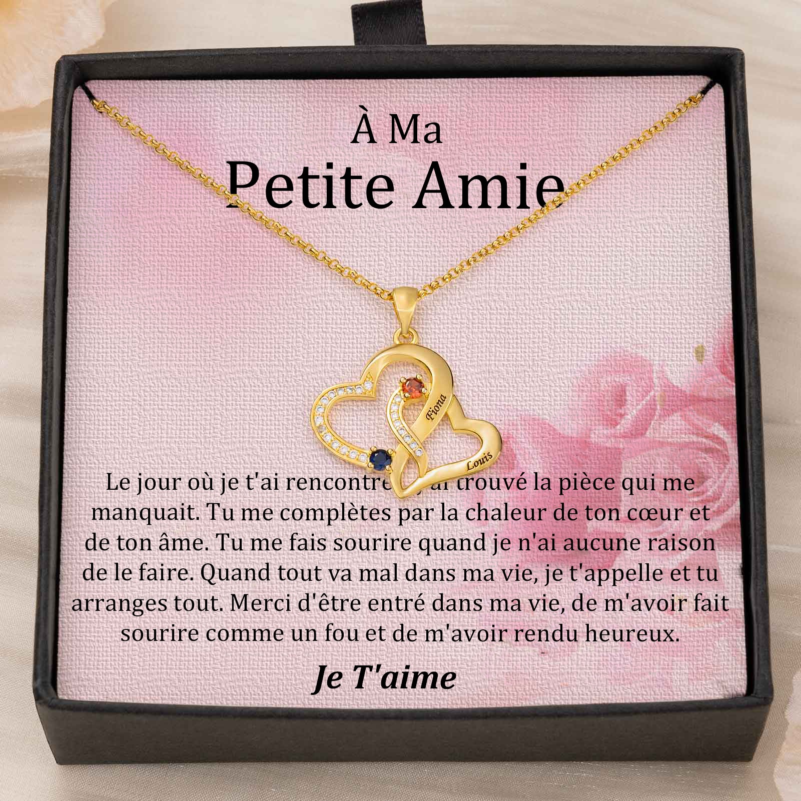 Collier coeur personnalisé de noms de couple avec pierres de naissance Cadeaux de la Saint-Valentin