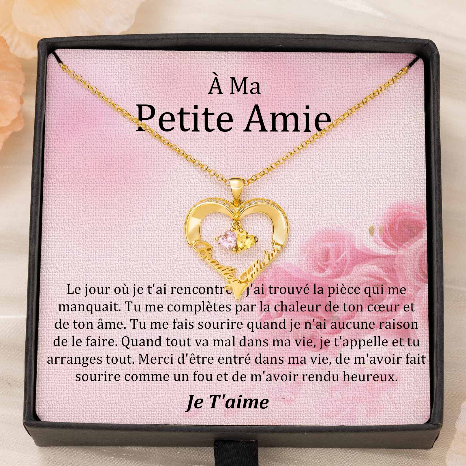 Collier coeur personnalisé de noms de couple avec pierres de naissance Cadeaux de la Saint-Valentin