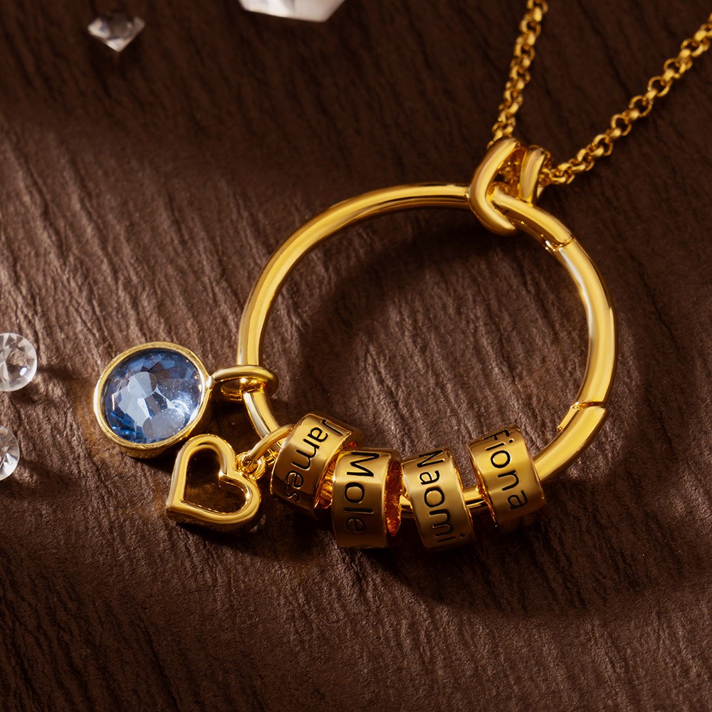 Collier de pierre de naissance circulaire personnalisé avec perles de nom gravées pour les cadeaux de famille
