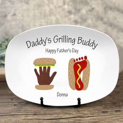Assiette d'empreinte de main de hot-dog de hamburger personnalisée avec nom pour la fête des pères