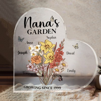 Plaque acrylique personnalisée de coeur de fleur de naissance de jardin de Nana pour des cadeaux de famille de Noël