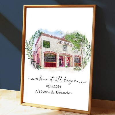 Là où tout a commencé Portrait personnalisé peint à la main à l'aquarelle à partir d'une photo pour la Saint-Valentin ou un anniversaire