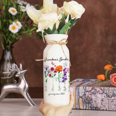 Vase de fleurs de naissance du jardin de grand-mère personnalisé avec des noms d’enfants pour le cadeau d’anniversaire de grand-mère maman