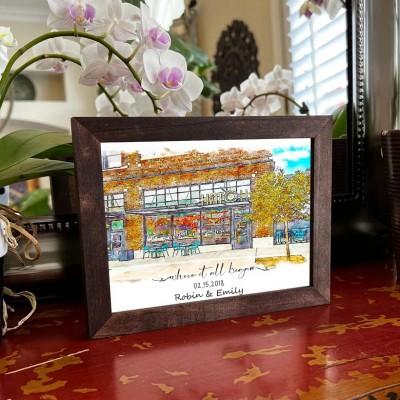 Là où tout a commencé Portrait personnalisé peint à la main à l'aquarelle à partir d'une photo pour la Saint-Valentin ou un anniversaire