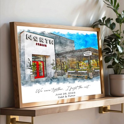 Là où tout a commencé Portrait personnalisé peint à la main à l'aquarelle à partir d'une photo pour la Saint-Valentin ou un anniversaire