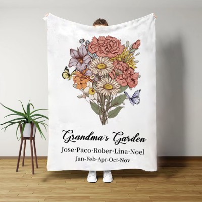 Couverture personnalisée de bouquet de fleurs de naissance de jardin de grand-mère avec des noms d'enfants pour des idées de cadeaux de famille de Noël