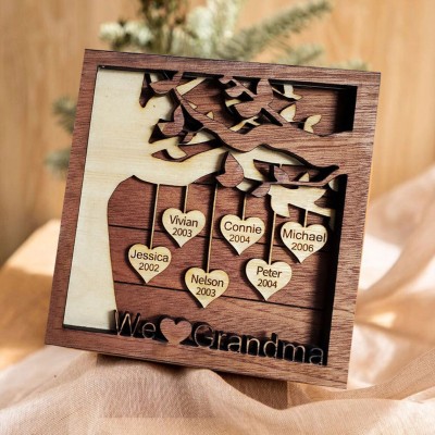 Panneau personnalisé avec cadre en bois d'arbre généalogique, avec nom de petits-enfants, pour grand-mère, cadeau d'anniversaire de noël