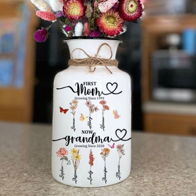 Première maman maintenant grand-mère Vase de fleur de naissance personnalisé avec le nom des enfants pour les idées de cadeaux de Noël