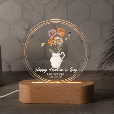 Veilleuse LED acrylique de bouquet de fleurs de naissance personnalisé pour le cadeau de fête des mères