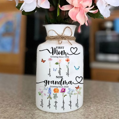Première maman maintenant grand-mère Vase de fleur de naissance personnalisé avec le nom des enfants pour les idées de cadeaux de Noël