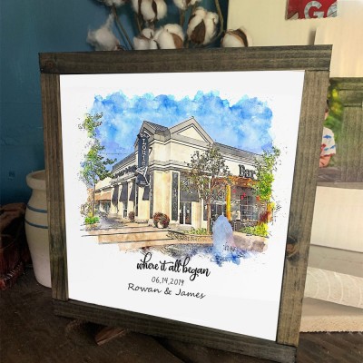 Où Tout a Commencé Portrait à la Main en Aquarelle de Maison Personnalisé d'après Photo Cadeau Saint-Valentin Anniversaire