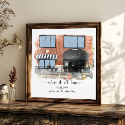 Où Tout a Commencé Portrait à la Main en Aquarelle de Maison Personnalisé d'après Photo Cadeau Saint-Valentin Anniversaire