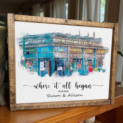Où Tout a Commencé Portrait à la Main en Aquarelle de Maison Personnalisé d'après Photo Cadeau Saint-Valentin Anniversaire