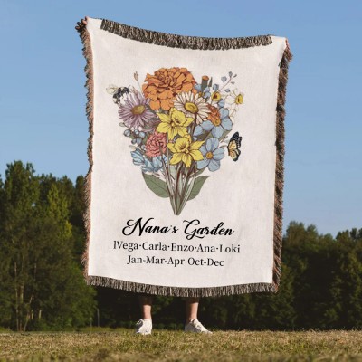 Couverture personnalisée de bouquet de fleurs de naissance du jardin de Nana avec des noms d'enfants pour des idées de cadeaux de famille de Noël