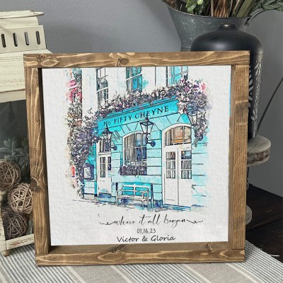 Portrait à la Main en Aquarelle de Maison Personnalisé d'après Photo Où Tout a Commencé Cadeau Saint-Valentin Anniversaire