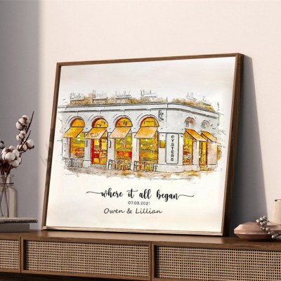 Portrait à la Main en Aquarelle de Maison Personnalisé d'après Photo Où Tout a Commencé Cadeau Saint-Valentin Anniversaire