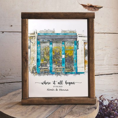 Portrait à la Main en Aquarelle de Maison Personnalisé d'après Photo Où Tout a Commencé Cadeau Saint-Valentin Anniversaire