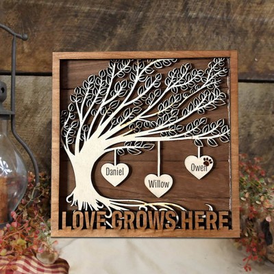Panneau en bois personnalisé avec cadre en bois d'arbre généalogique avec le nom des enfants pour un cadeau de Noël en famille