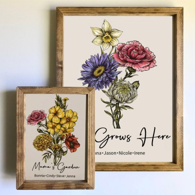 Cadre de bouquet de fleurs de naissance personnalisé avec des noms d’enfants pour maman grand-mère famille cadeau de Noël
