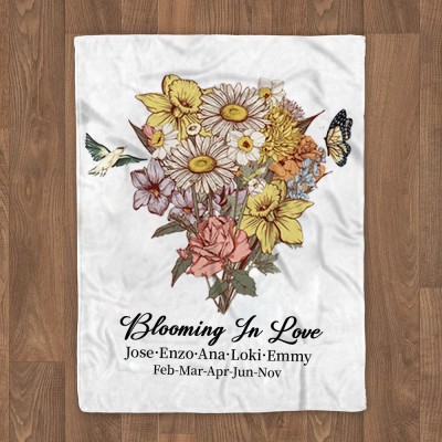 Couverture personnalisée de bouquet de fleurs de naissance avec des noms d'enfants pour des idées de cadeaux de famille de Noël