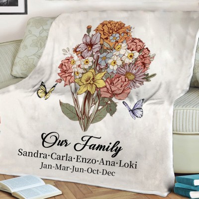 Couverture personnalisée de bouquet de fleurs de naissance avec des noms d'enfants pour des idées de cadeaux de famille de Noël