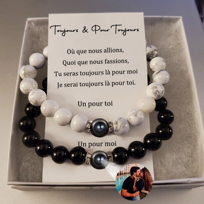 Personnalisé 2 Pcs Bracelets Magnétiques Longue Distance Avec Projection Photo Pour Elle Lui Cadeau D’anniversaire