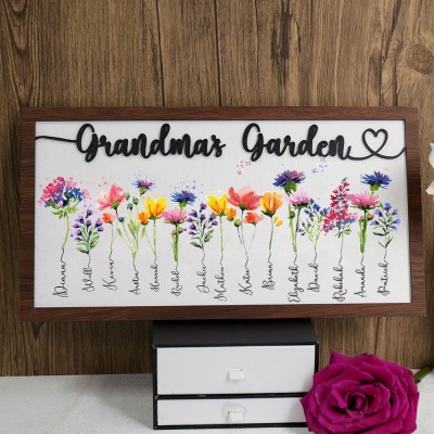 Cadre de fleur de naissance de jardin de grand-mère personnalisé avec nom de petits-enfants pour les idées de cadeaux de Noël