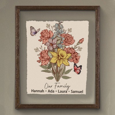 Cadre de bouquet de fleurs personnalisé pour le mois de naissance, idées cadeaux de Noël pour maman et grand-mère