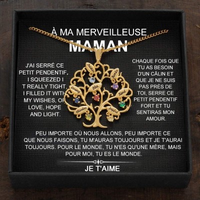 Collier arbre généalogique personnalisé avec pierre de naissance, avec noms, cadeau de fête des mères