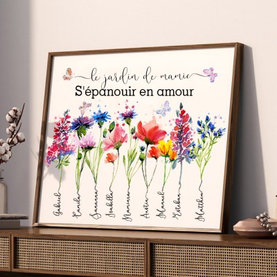 Cadre de fleur de naissance de jardin de Nana personnalisé avec des noms d'enfants pour des idées de cadeaux de Noël