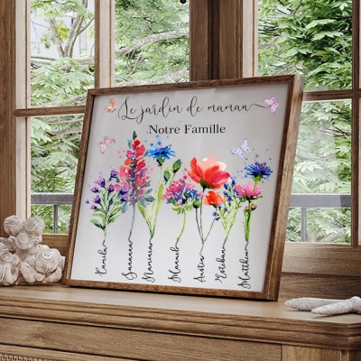 Cadre de fleur de naissance de jardin de maman personnalisé pour cadeau de Noël de famille de grand-mère