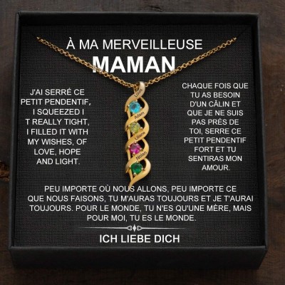 Collier familial ADN personnalisé avec noms et pierres de naissance pour maman