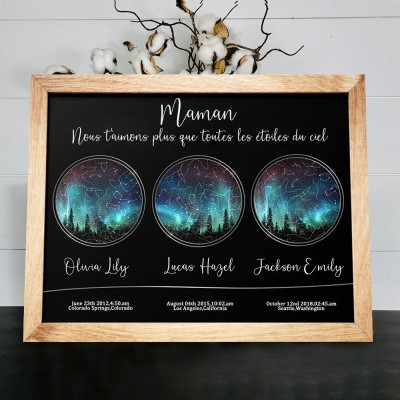 Carte des étoiles personnalisée par date ciel nocturne constellation signe de bois pour maman cadeau de Noël